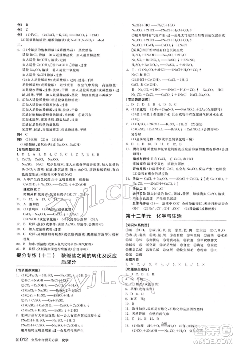 陽光出版社2022全品中考復(fù)習(xí)方案聽課手冊化學(xué)通用版江西專版參考答案