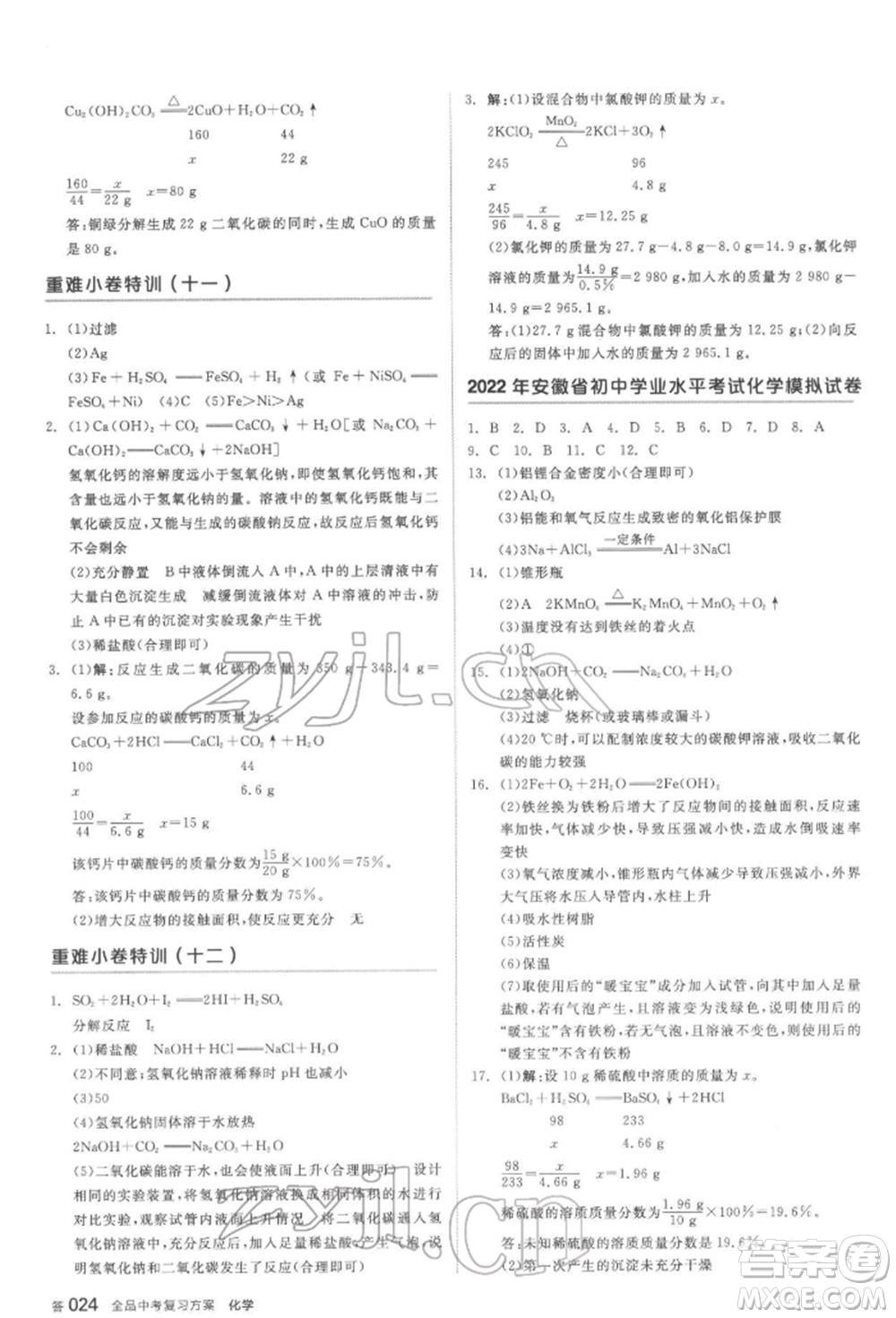延邊教育出版社2022全品中考復(fù)習(xí)方案聽課手冊化學(xué)通用版安徽專版參考答案