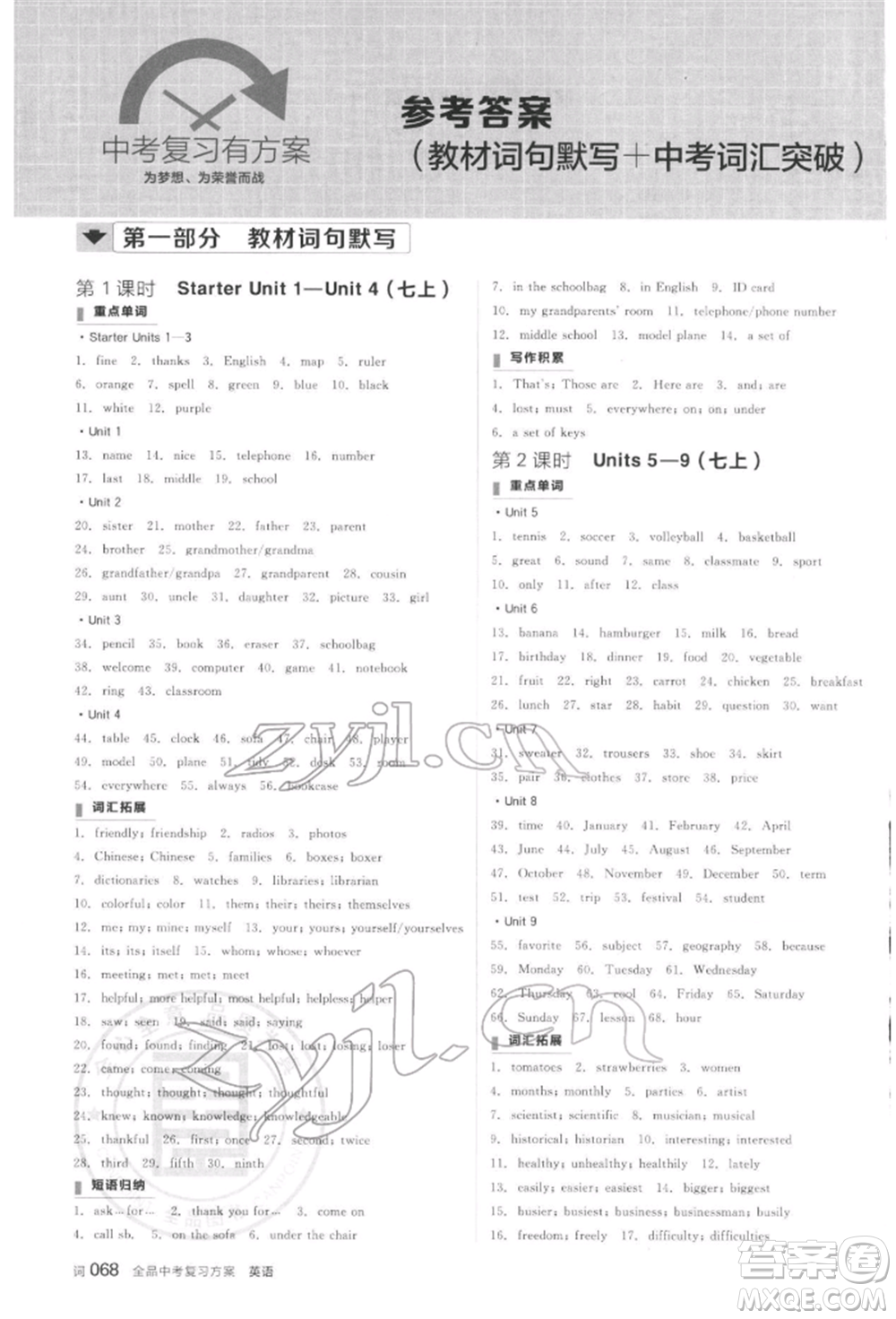 陽(yáng)光出版社2022全品中考復(fù)習(xí)方案聽(tīng)課手冊(cè)英語(yǔ)通用版江西專版參考答案