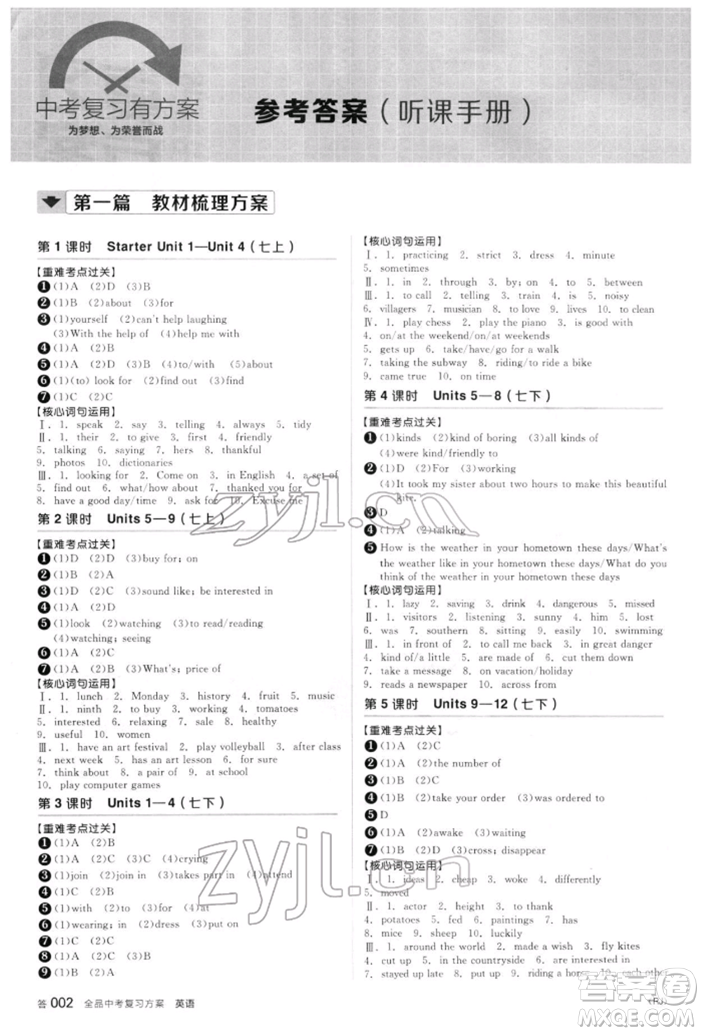 陽(yáng)光出版社2022全品中考復(fù)習(xí)方案聽課手冊(cè)英語(yǔ)人教版新疆專版參考答案