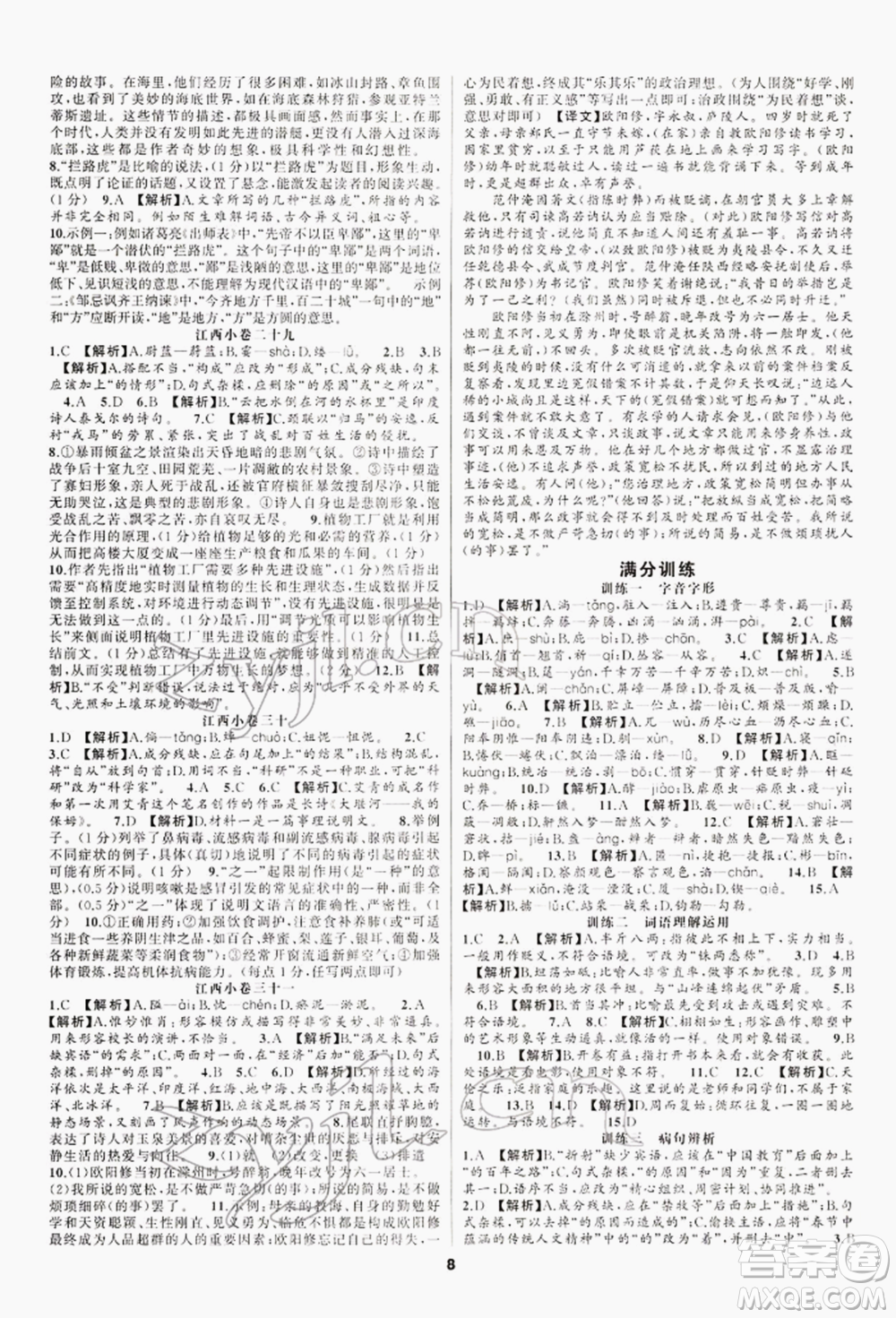 陽光出版社2022全品中考復習方案專題精講語文人教版江西專版參考答案