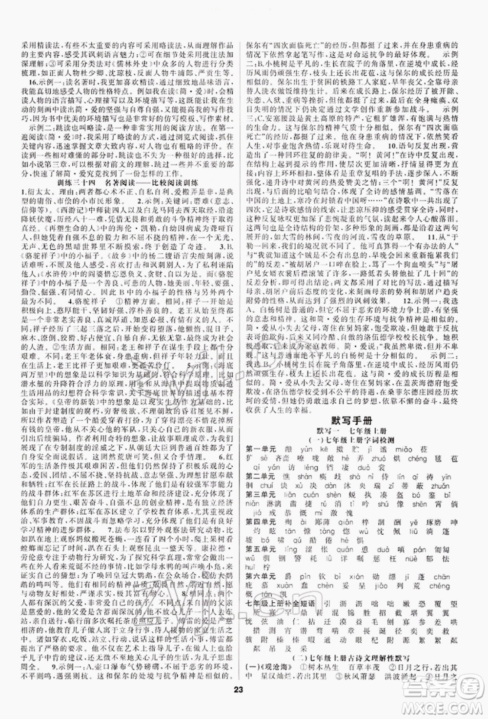 陽光出版社2022全品中考復習方案專題精講語文人教版江西專版參考答案