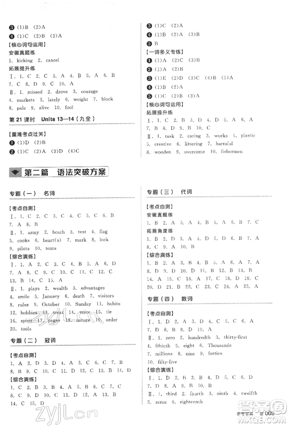 延邊教育出版社2022全品中考復(fù)習(xí)方案聽課手冊英語人教版安徽專版參考答案