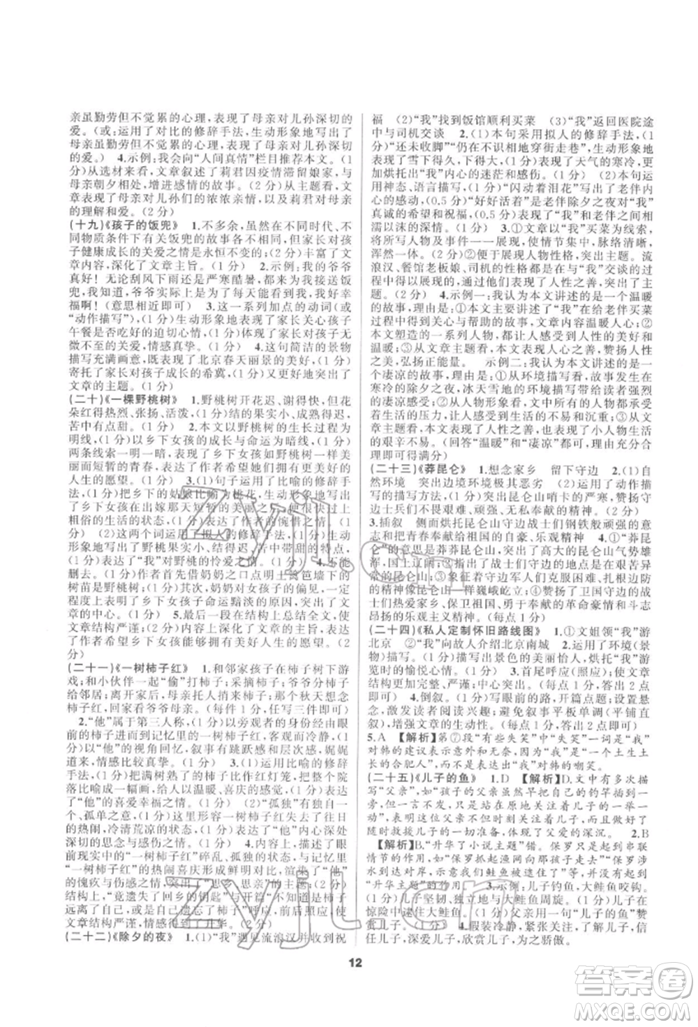 延邊教育出版社2022全品中考復習方案專題精講語文人教版安徽專版參考答案