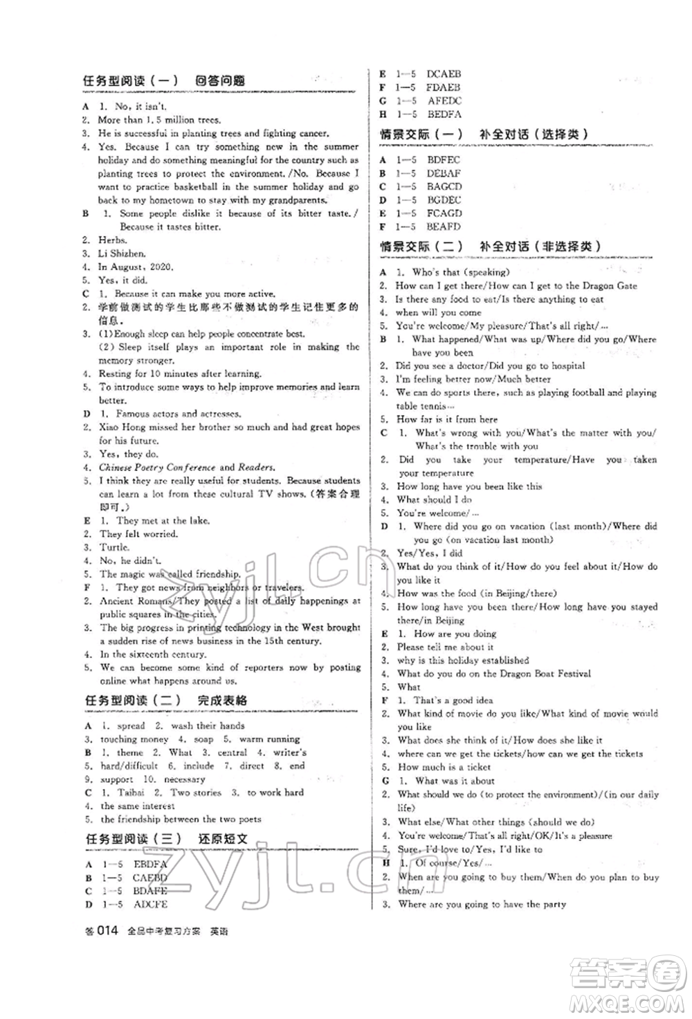 天津人民出版社2022全品中考復習方案聽課手冊英語外研版參考答案