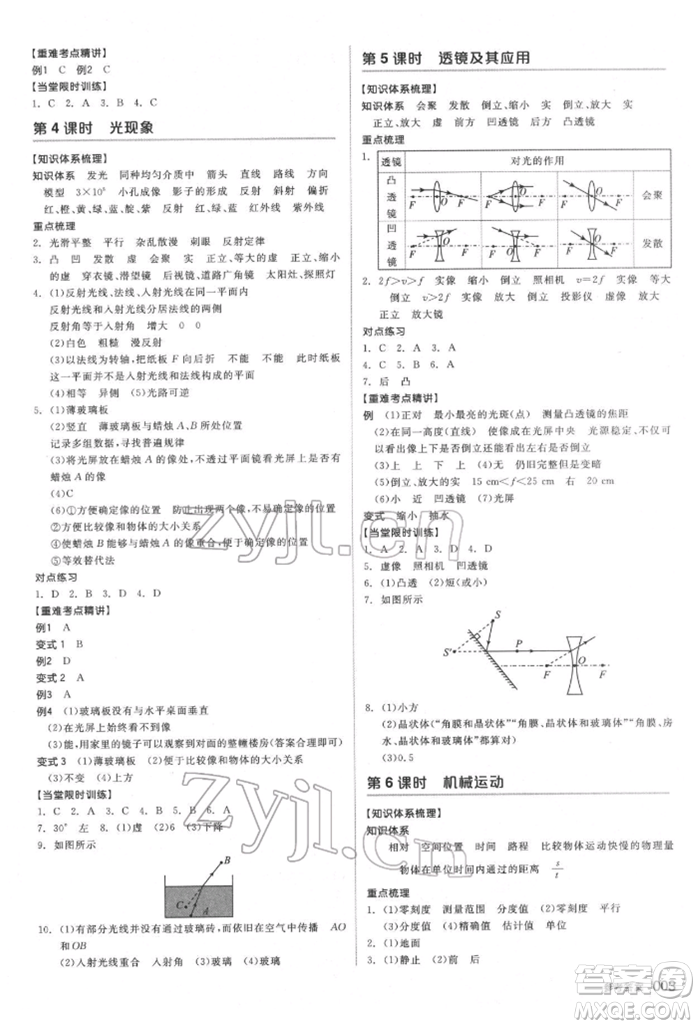 陽光出版社2022全品中考復習方案備考手冊科學物理地理通用版杭州專版參考答案