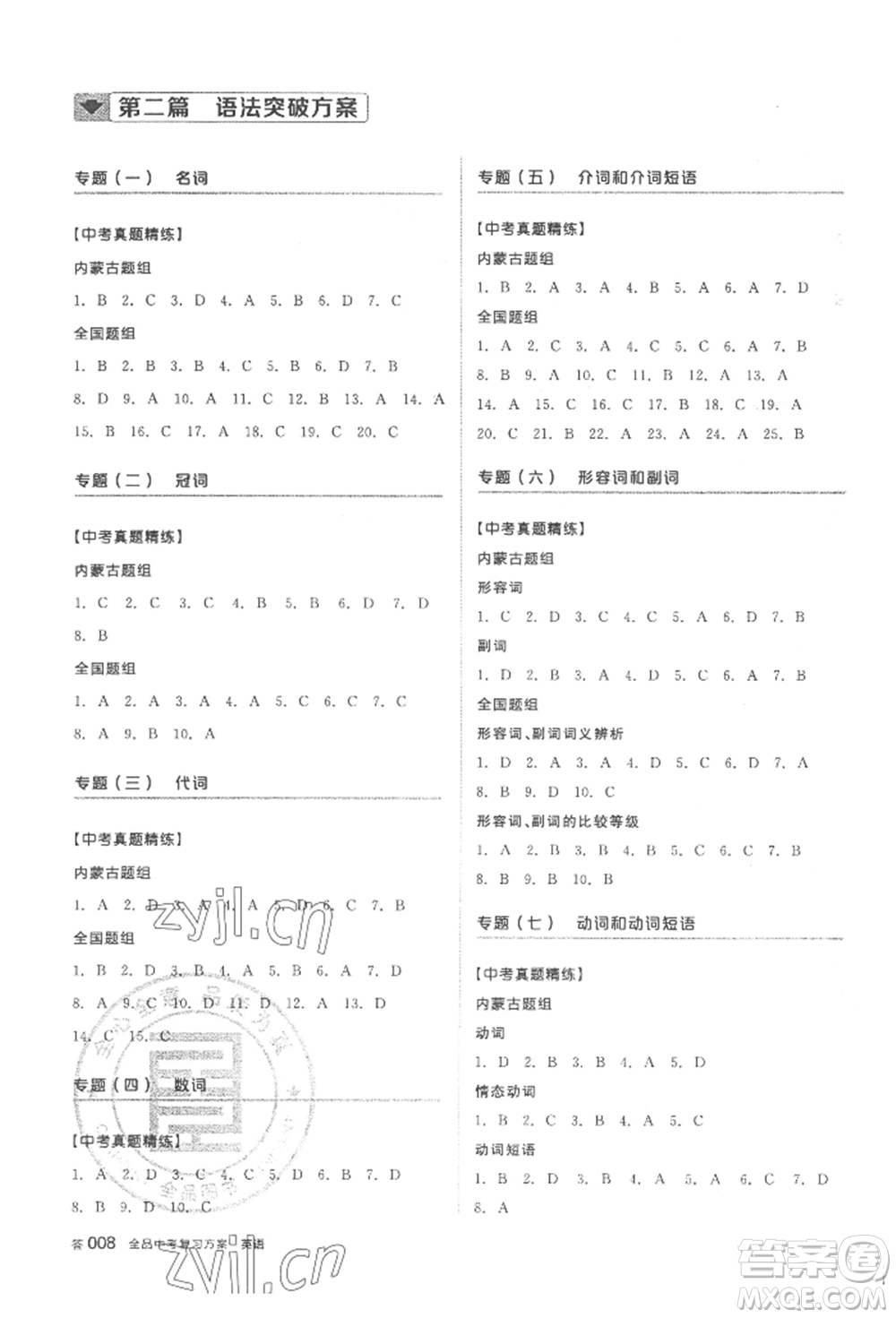 延邊教育出版社2022全品中考復(fù)習(xí)方案聽課手冊(cè)英語外研版內(nèi)蒙古專版參考答案