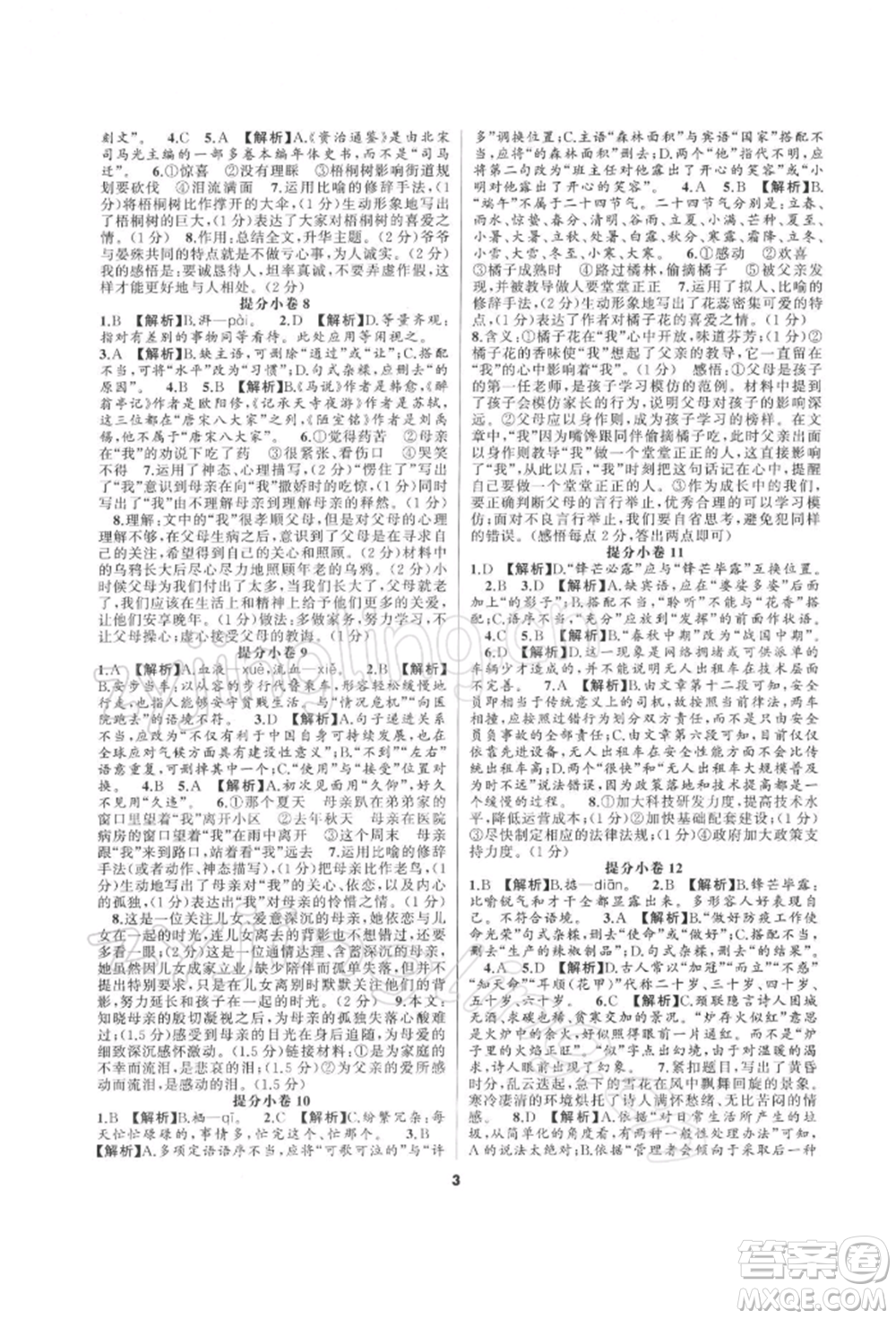延邊教育出版社2022全品中考復習方案專題精講語文人教版湖南專版參考答案