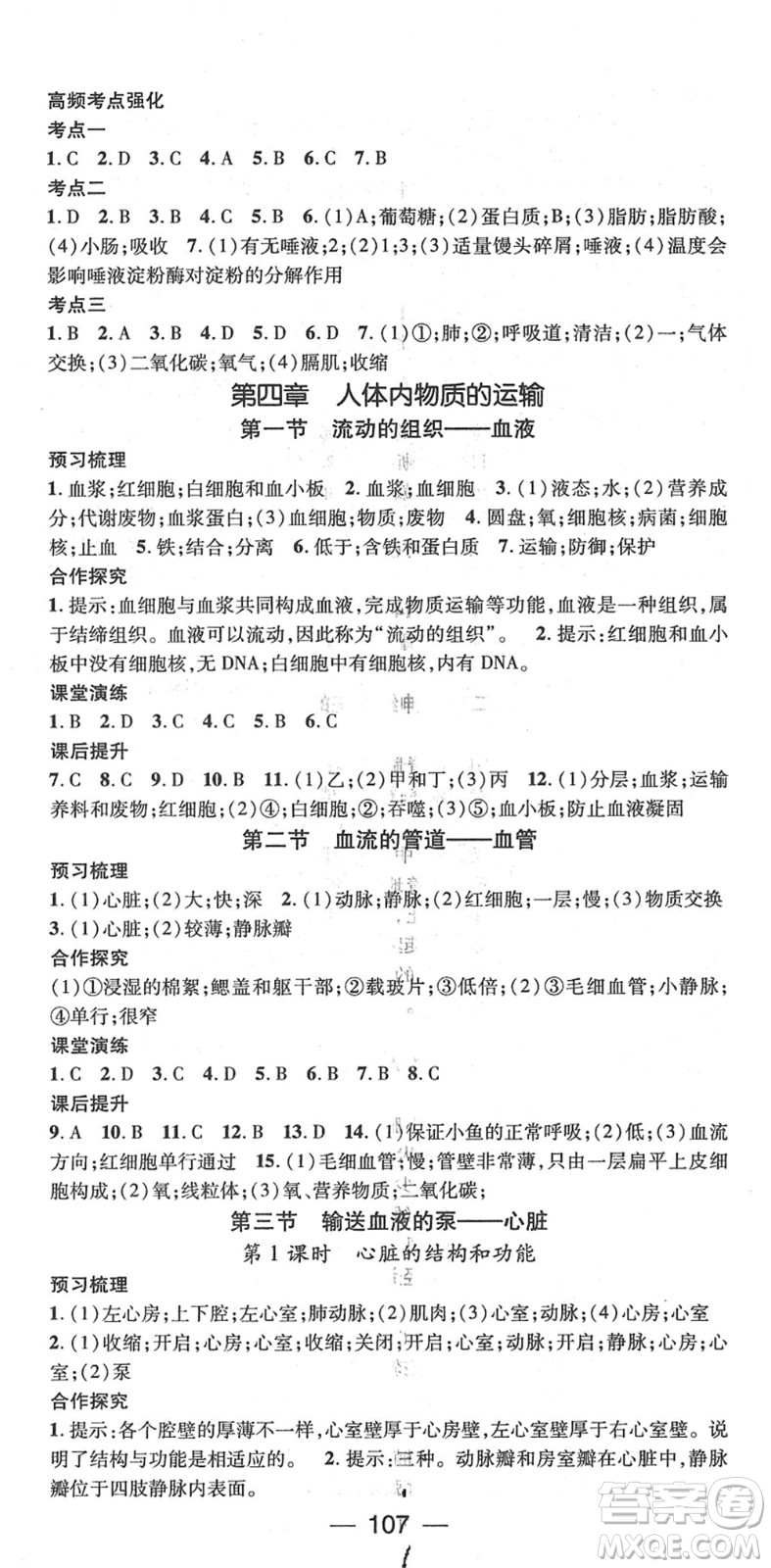 陽光出版社2022精英新課堂七年級生物下冊RJ人教版答案