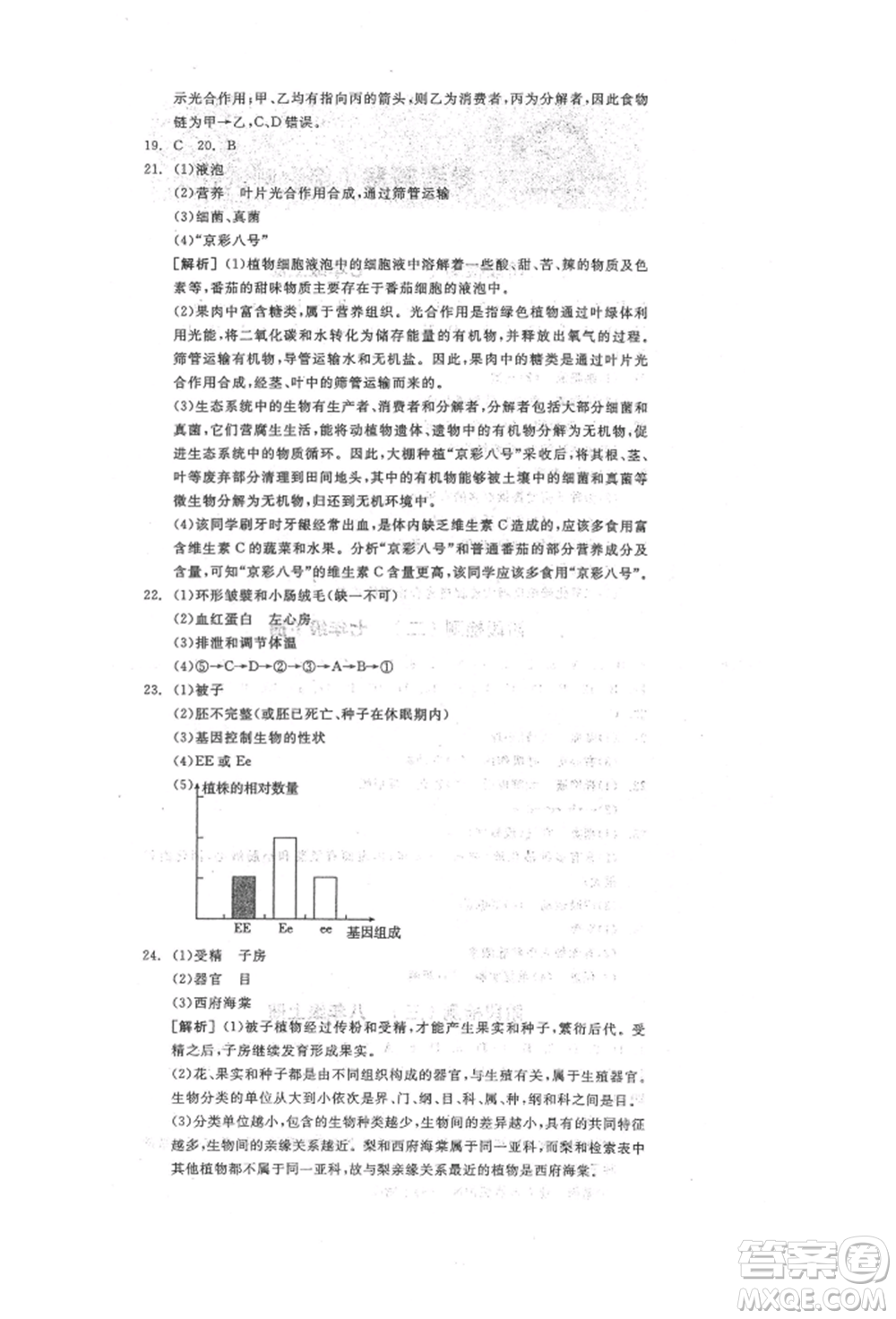 陽光出版社2022全品中考復(fù)習(xí)方案聽課手冊生物學(xué)人教版參考答案