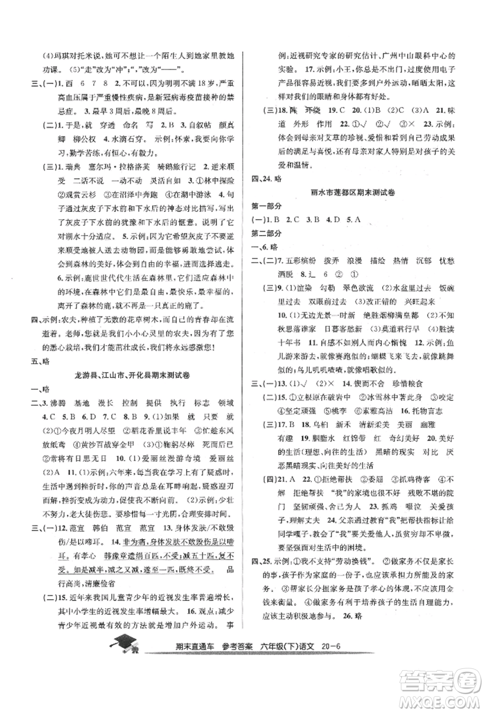 浙江工商大學(xué)出版社2022期末直通車六年級(jí)下冊(cè)語文人教版參考答案