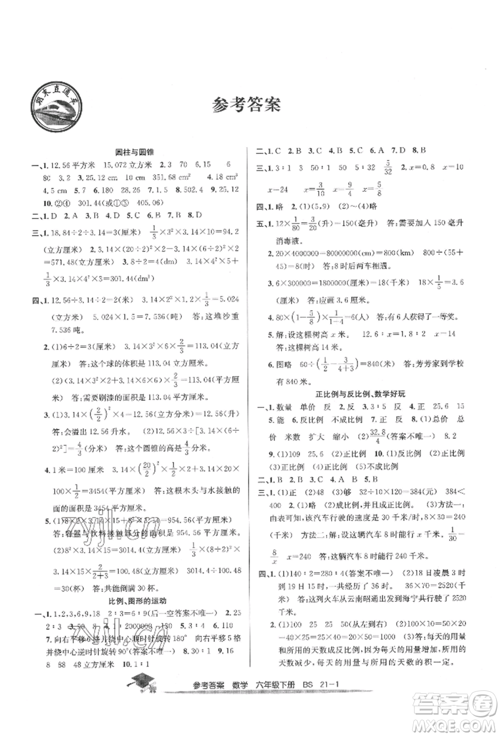 寧波出版社2022期末直通車六年級下冊數(shù)學(xué)北師大版參考答案