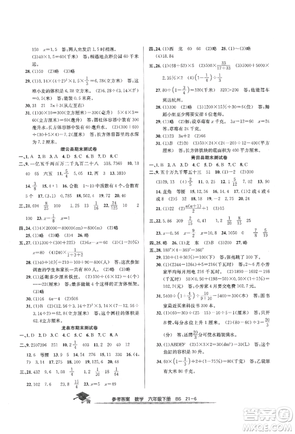 寧波出版社2022期末直通車六年級下冊數(shù)學(xué)北師大版參考答案
