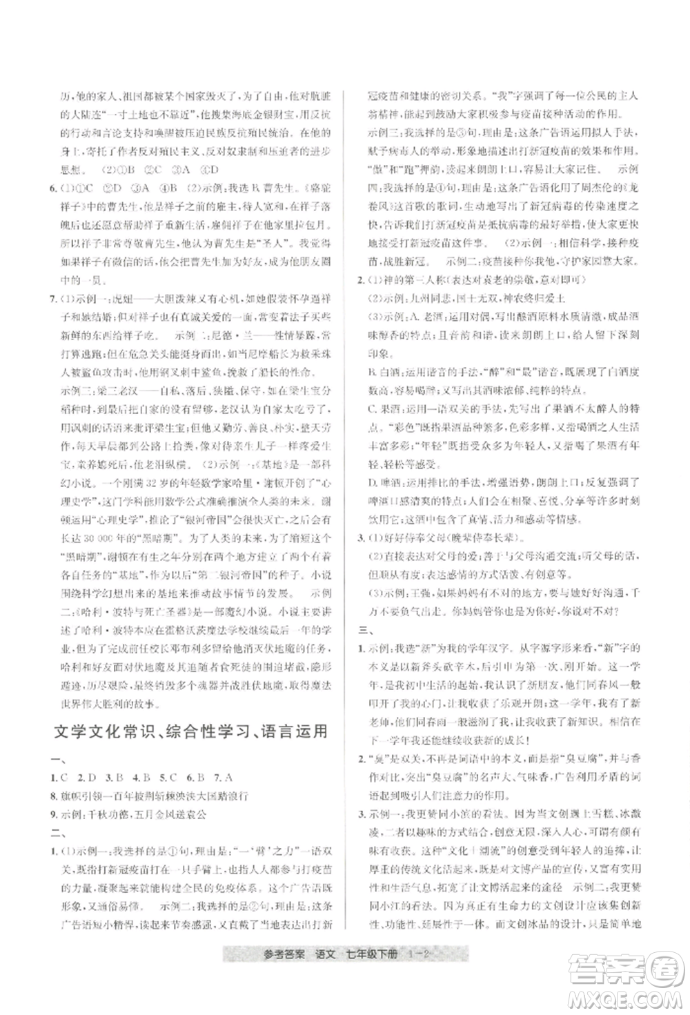 寧波出版社2022期末直通車七年級下冊語文人教版參考答案