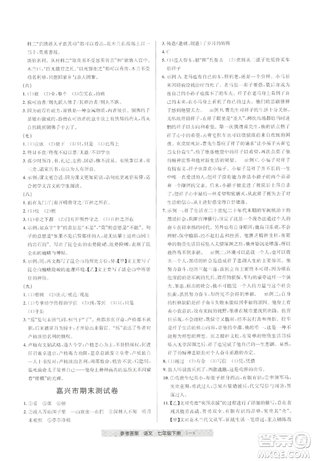 寧波出版社2022期末直通車七年級下冊語文人教版參考答案