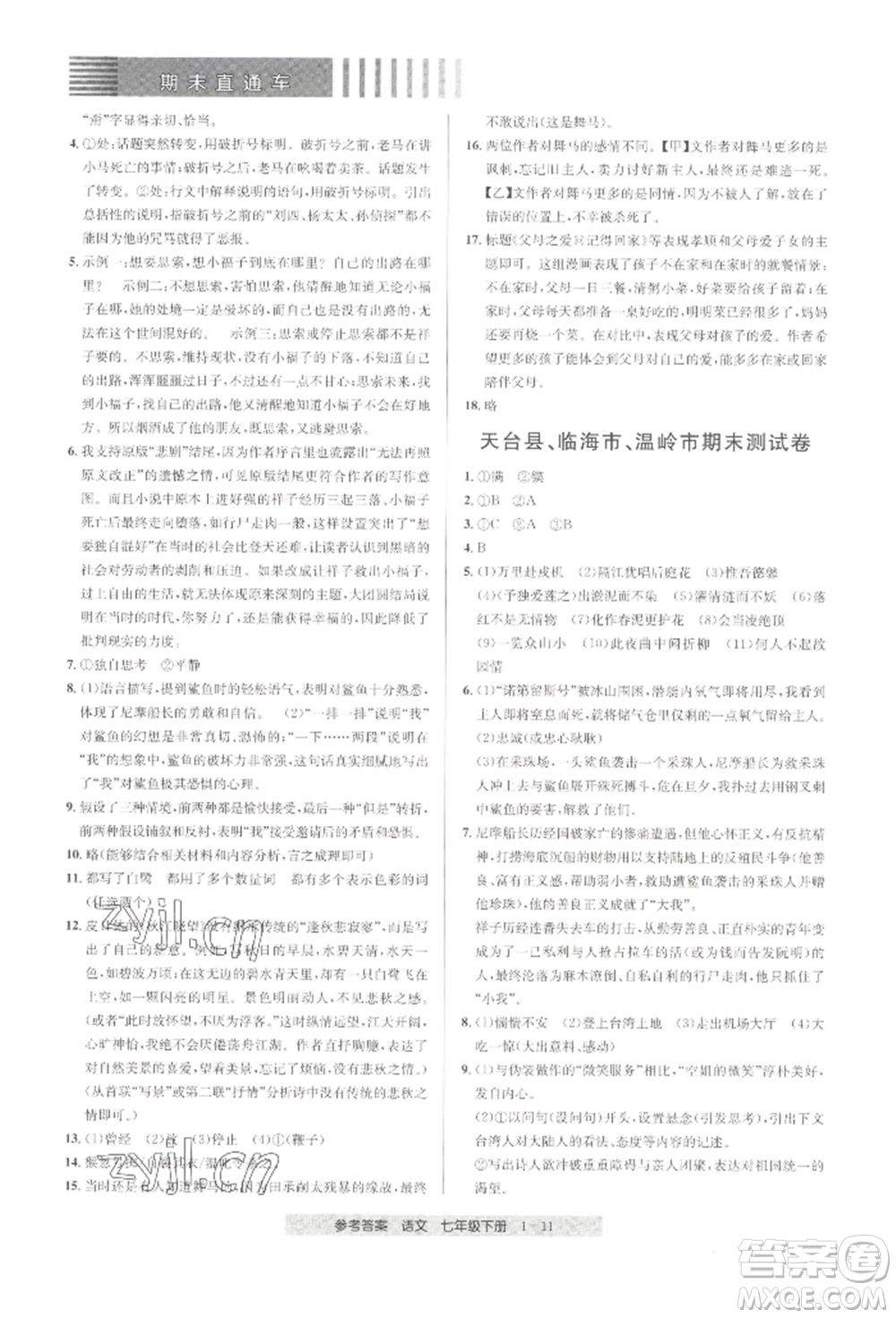 寧波出版社2022期末直通車七年級下冊語文人教版參考答案