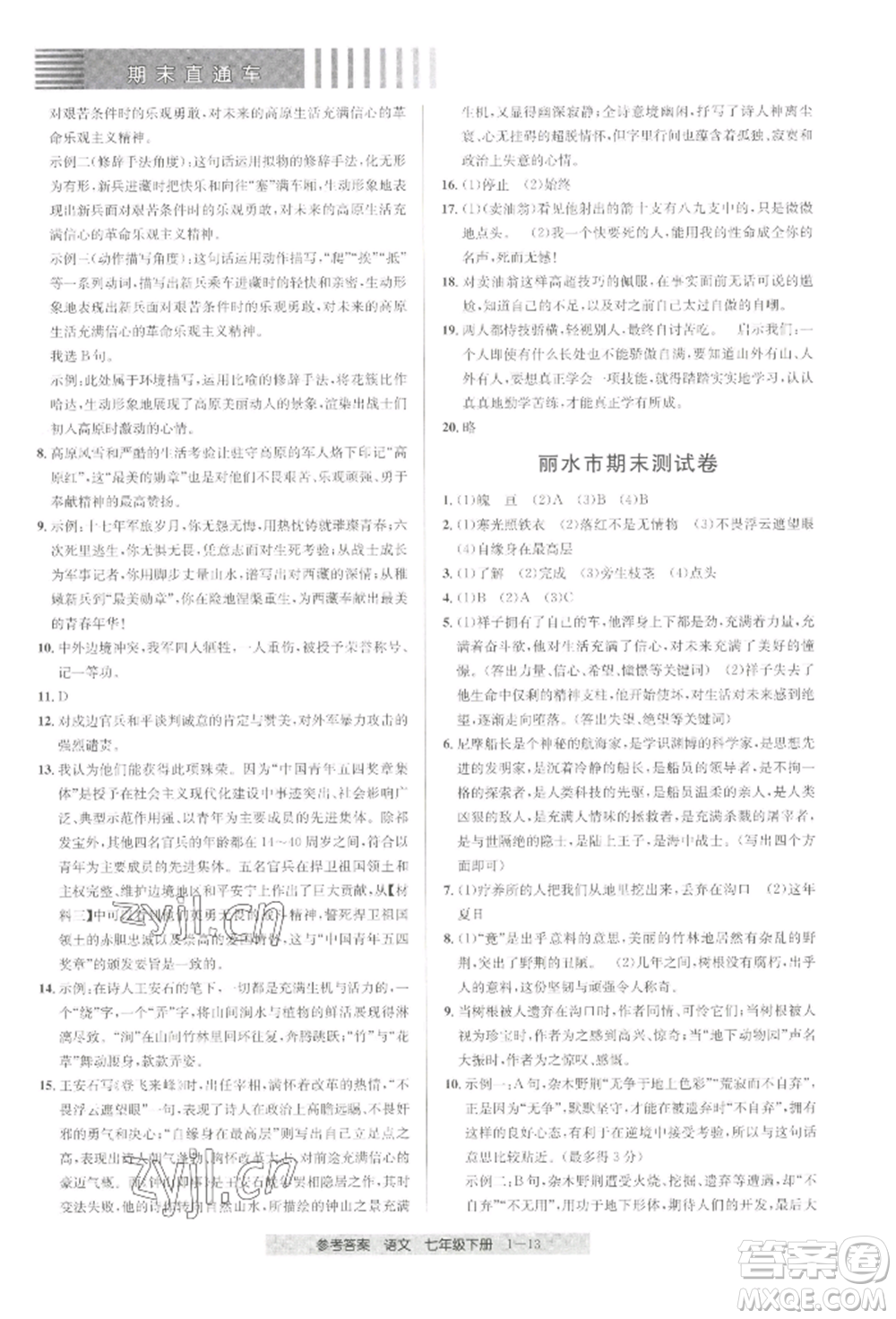 寧波出版社2022期末直通車七年級下冊語文人教版參考答案