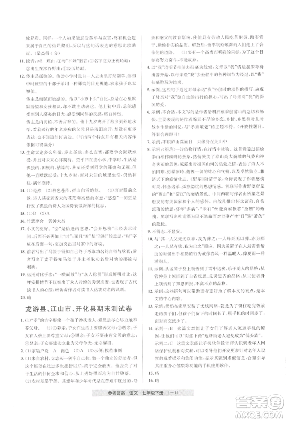 寧波出版社2022期末直通車七年級下冊語文人教版參考答案