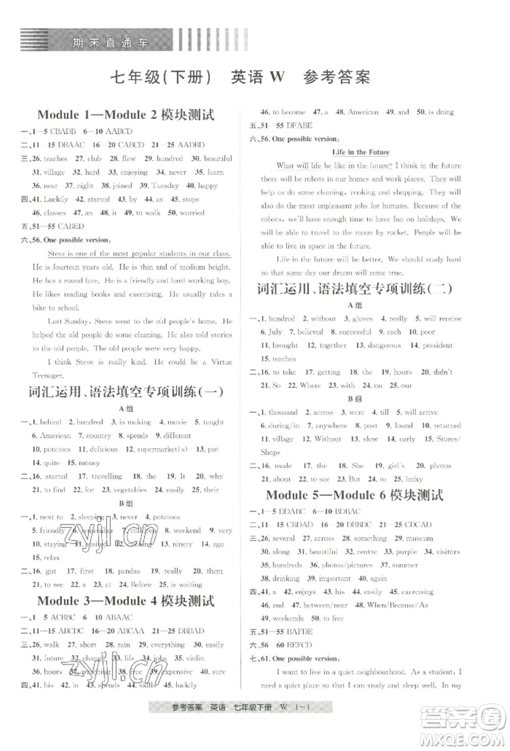 寧波出版社2022期末直通車七年級(jí)下冊(cè)英語(yǔ)人教版參考答案