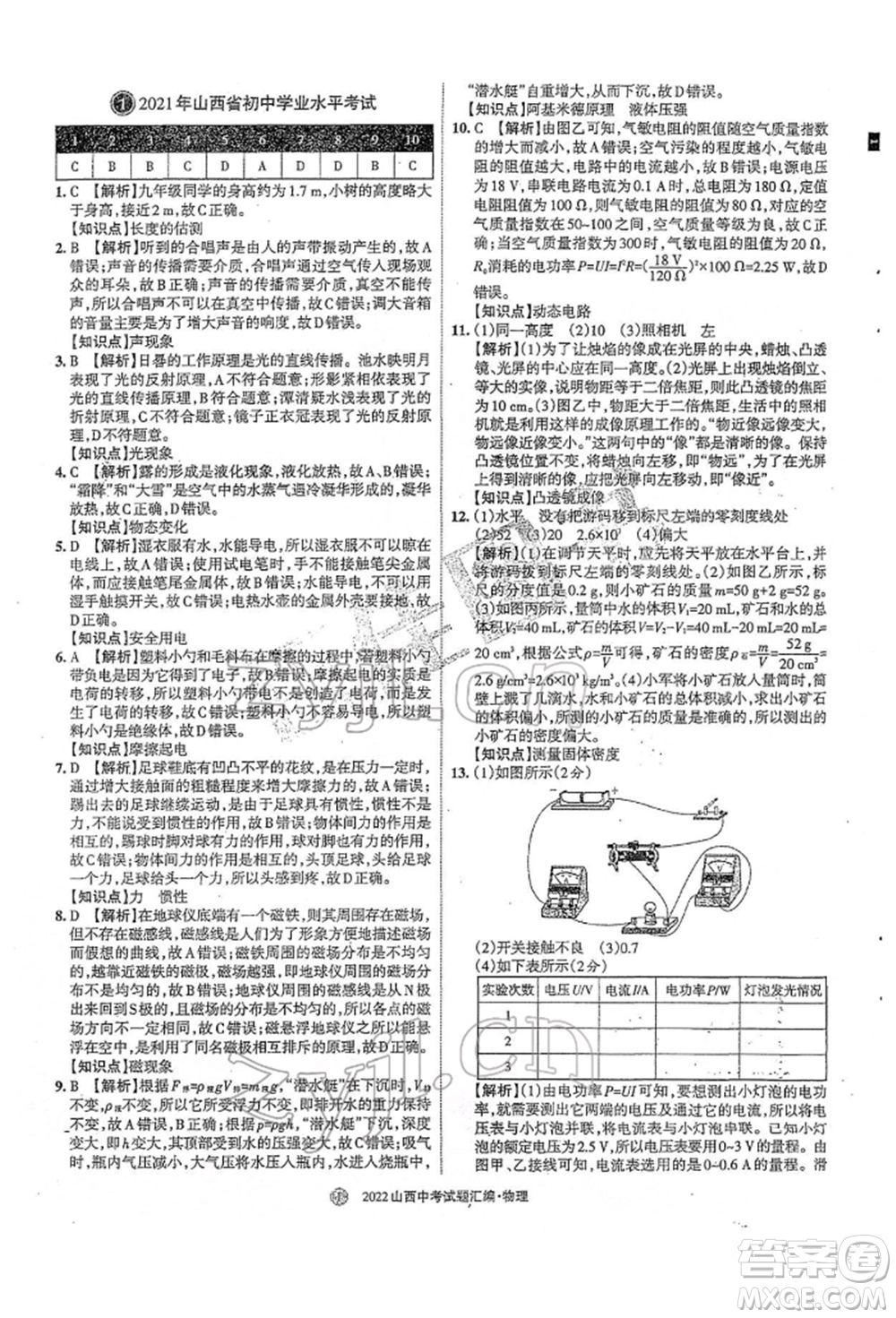 學(xué)習(xí)周報(bào)社2022山西中考試題匯編物理人教版參考答案