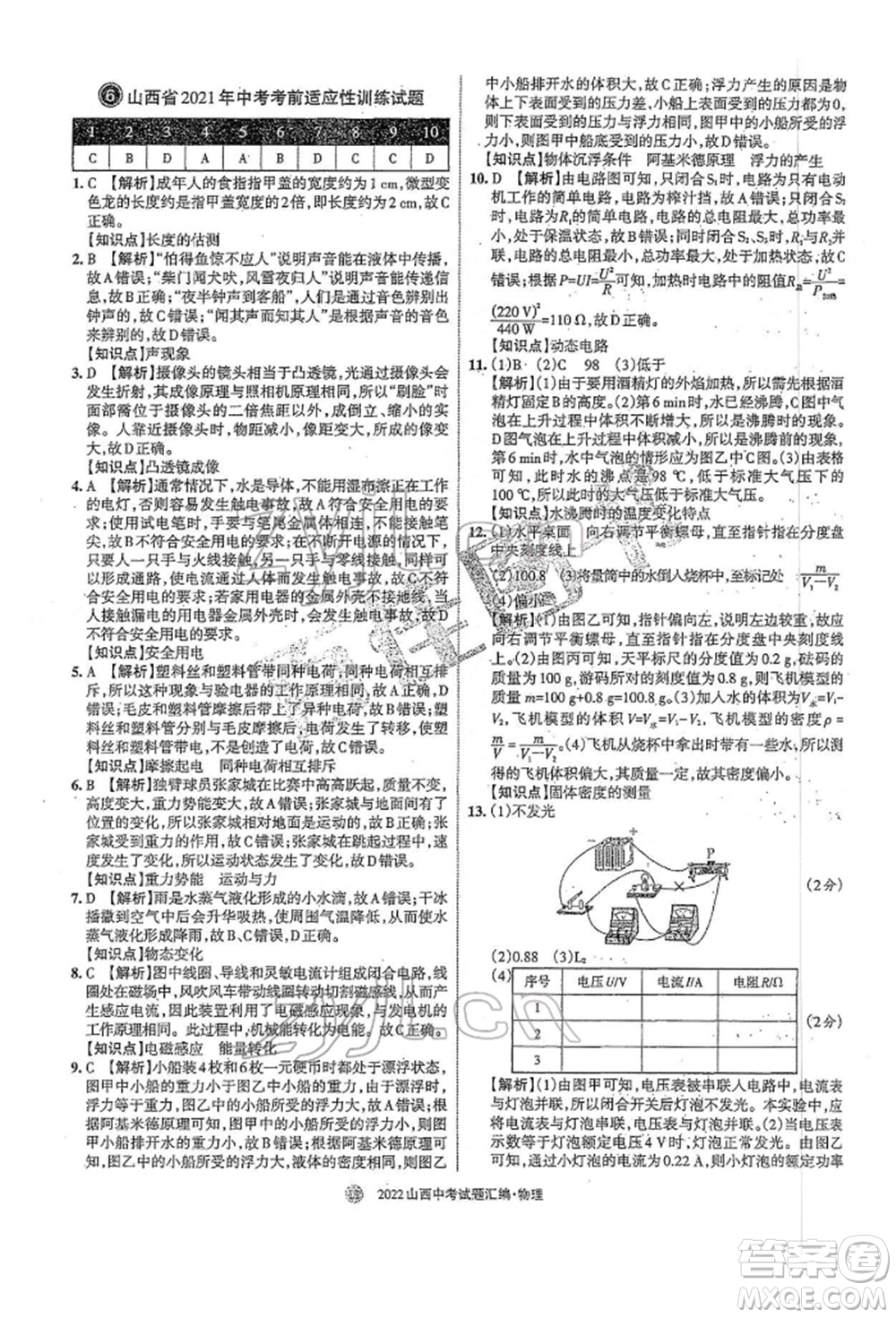學(xué)習(xí)周報(bào)社2022山西中考試題匯編物理人教版參考答案