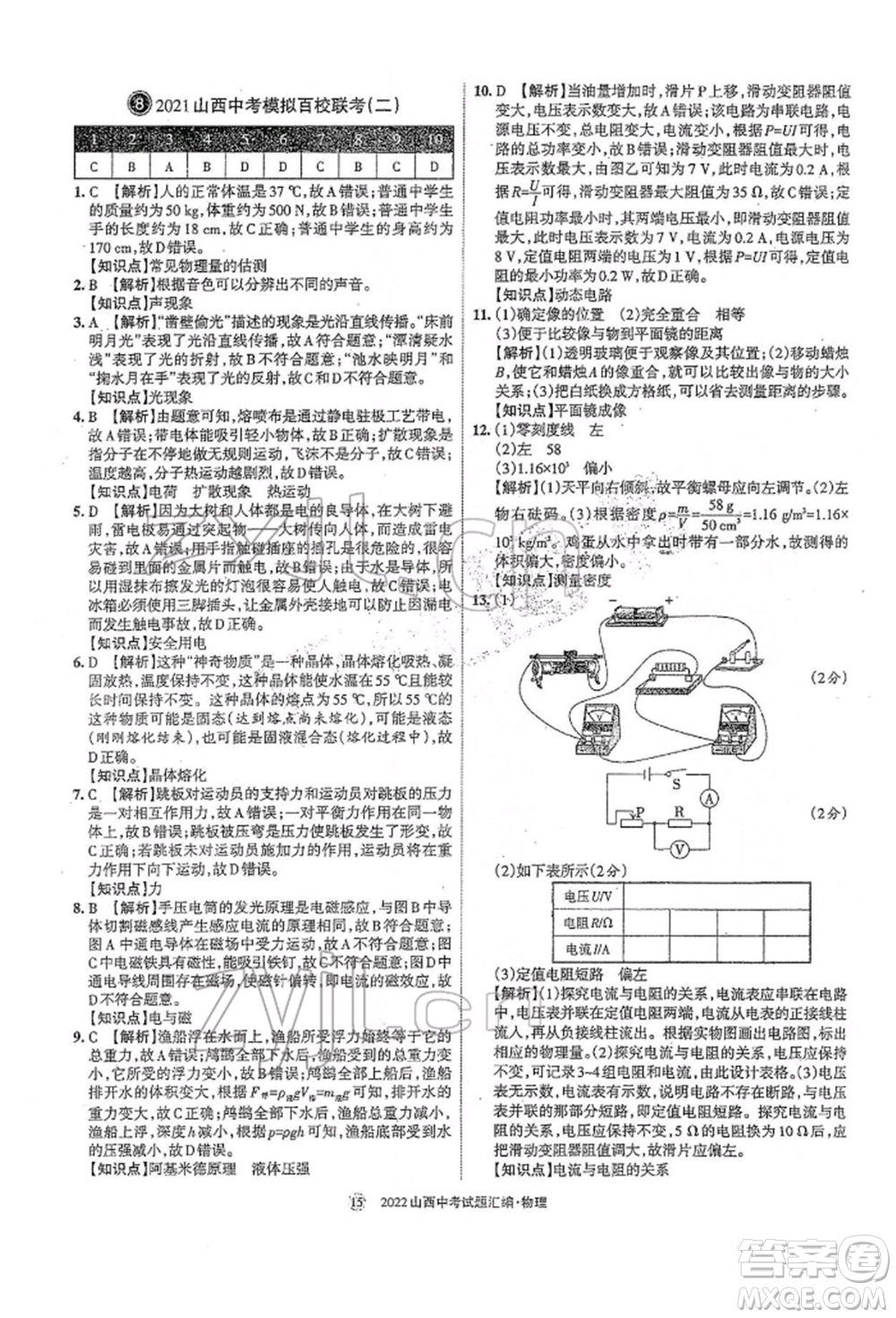 學(xué)習(xí)周報(bào)社2022山西中考試題匯編物理人教版參考答案