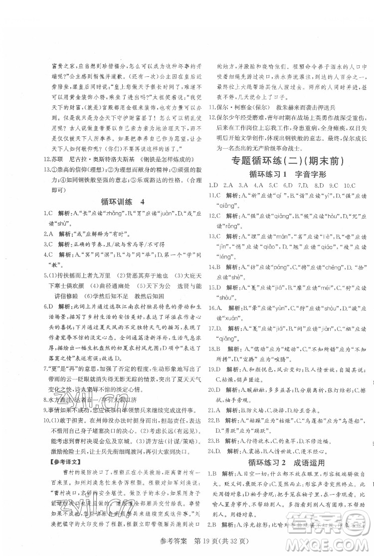 新疆建設兵團出版社2022課堂過關(guān)循環(huán)練語文八年級下冊人教版濟南專用答案
