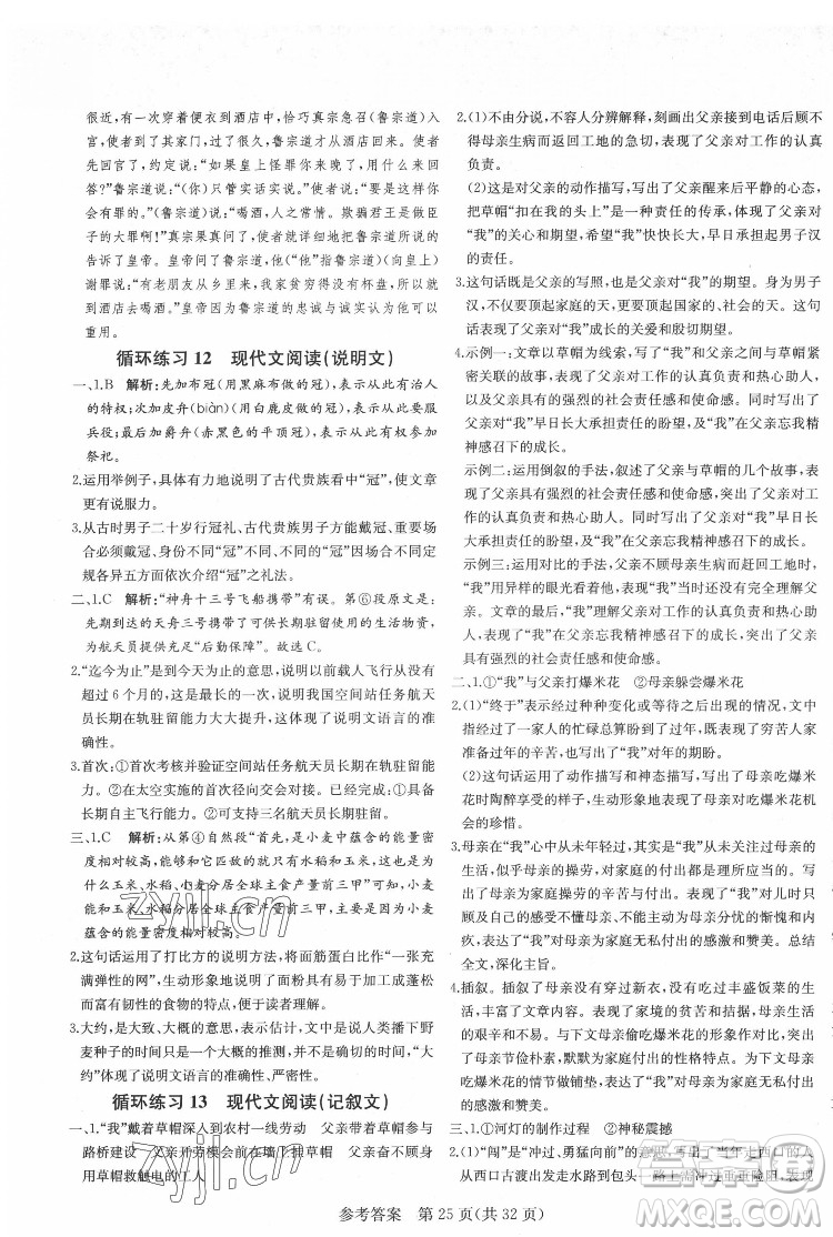 新疆建設兵團出版社2022課堂過關(guān)循環(huán)練語文八年級下冊人教版濟南專用答案