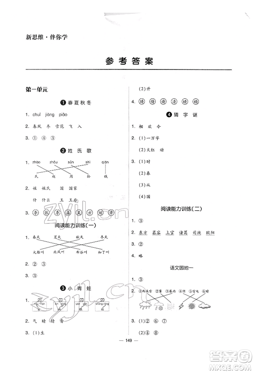 山東科學(xué)技術(shù)出版社2022新思維伴你學(xué)單元達(dá)標(biāo)測試卷一年級下冊語文人教版參考答案
