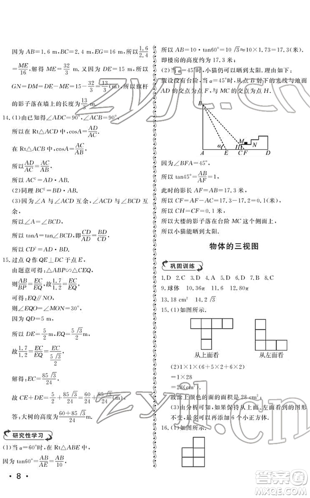 山東人民出版社2022初中卷行知天下九年級數(shù)學下冊青島版答案