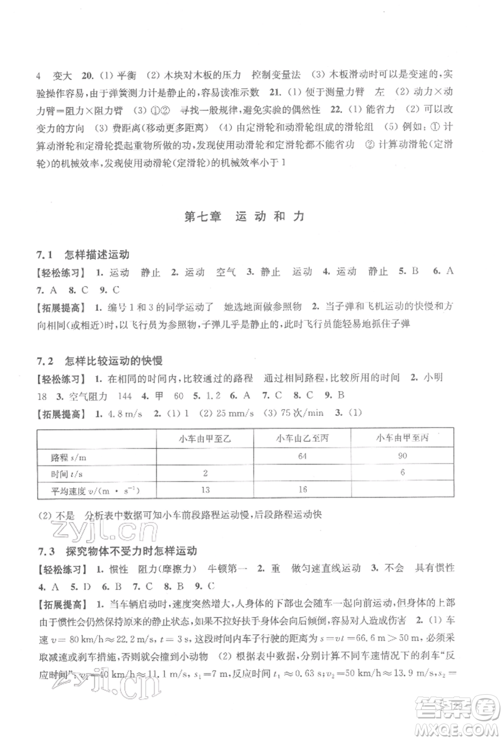 上海科學(xué)技術(shù)出版社2022初中物理同步練習(xí)八年級(jí)下冊(cè)通用版江西專版參考答案