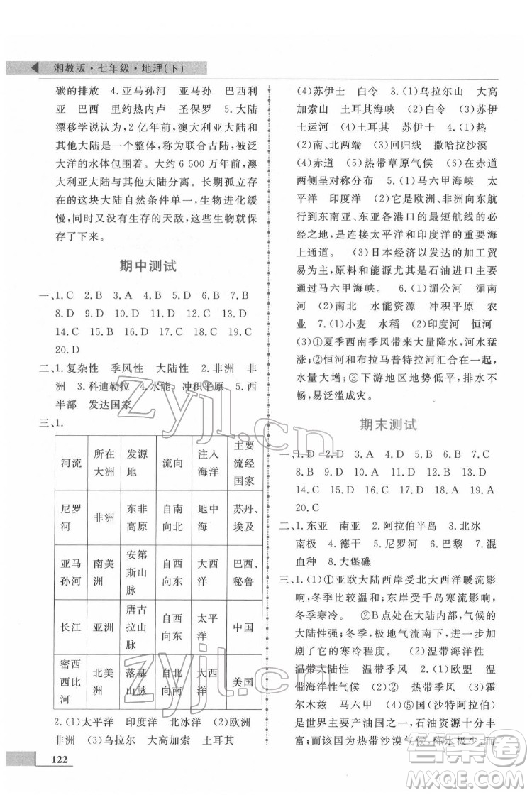 甘肅教育出版社2022名師點(diǎn)撥配套練習(xí)課時(shí)作業(yè)地理七年級(jí)下冊(cè)湘教版答案