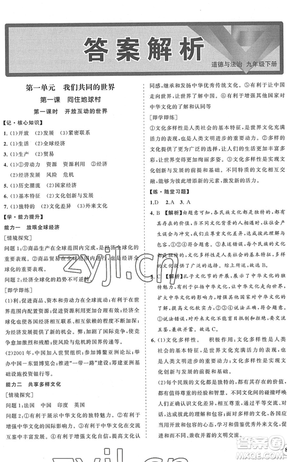 海南出版社2022知行課堂新課程同步練習(xí)冊(cè)九年級(jí)道德與法治下冊(cè)人教版答案
