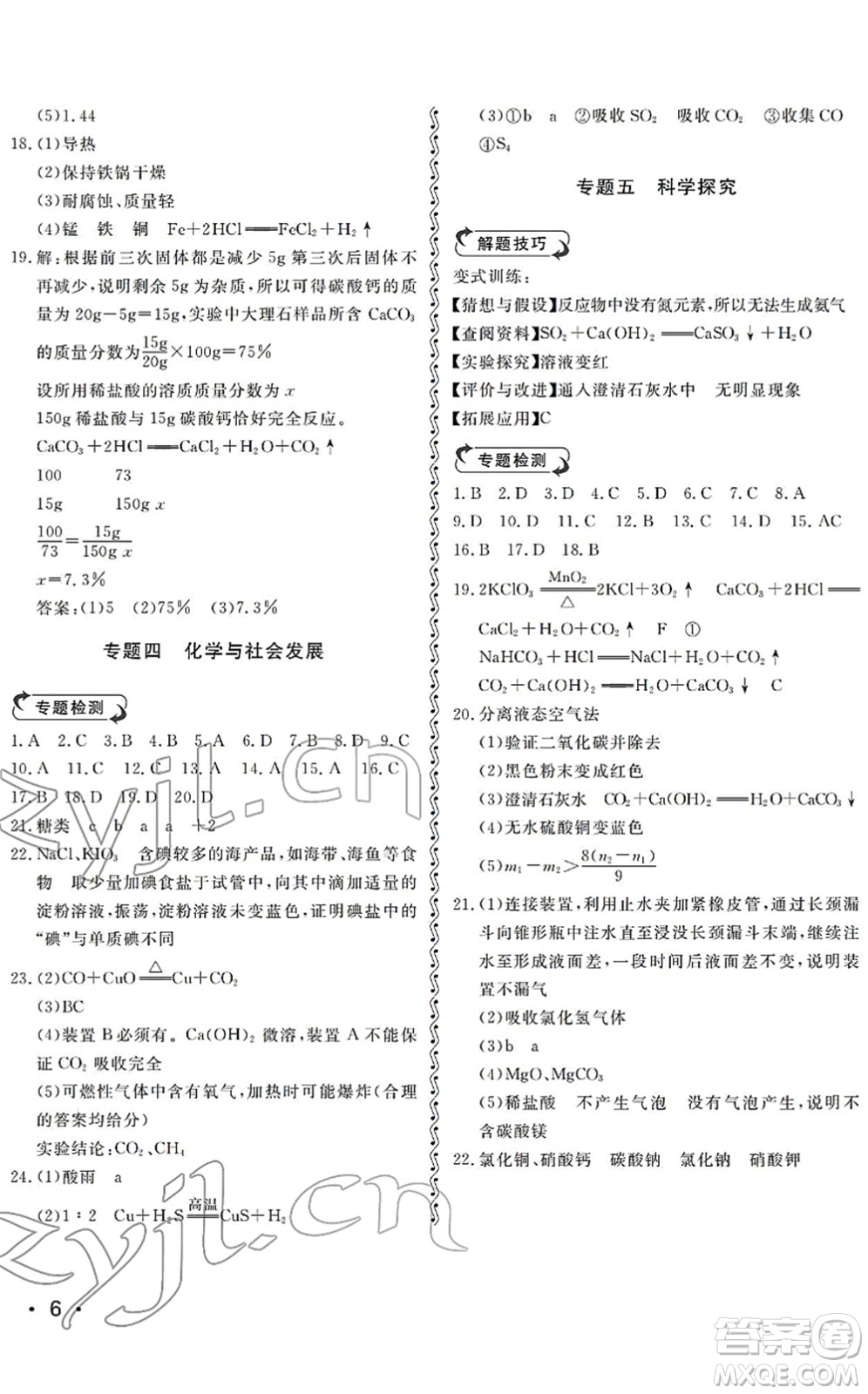 山東人民出版社2022初中卷行知天下九年級化學下冊人教版答案