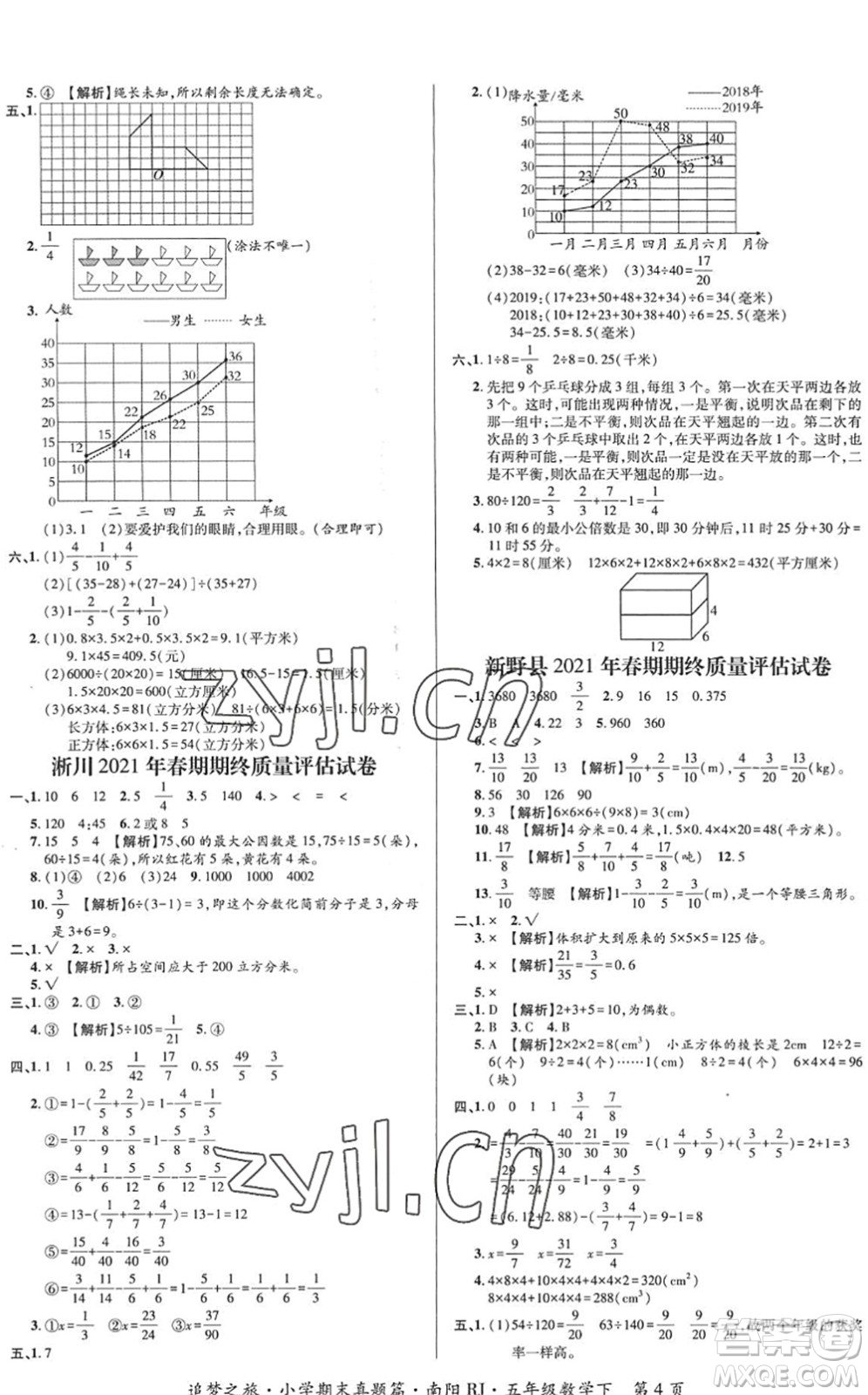天津科學(xué)技術(shù)出版社2022追夢之旅小學(xué)期末真題篇五年級數(shù)學(xué)下冊RJ人教版南陽專版答案
