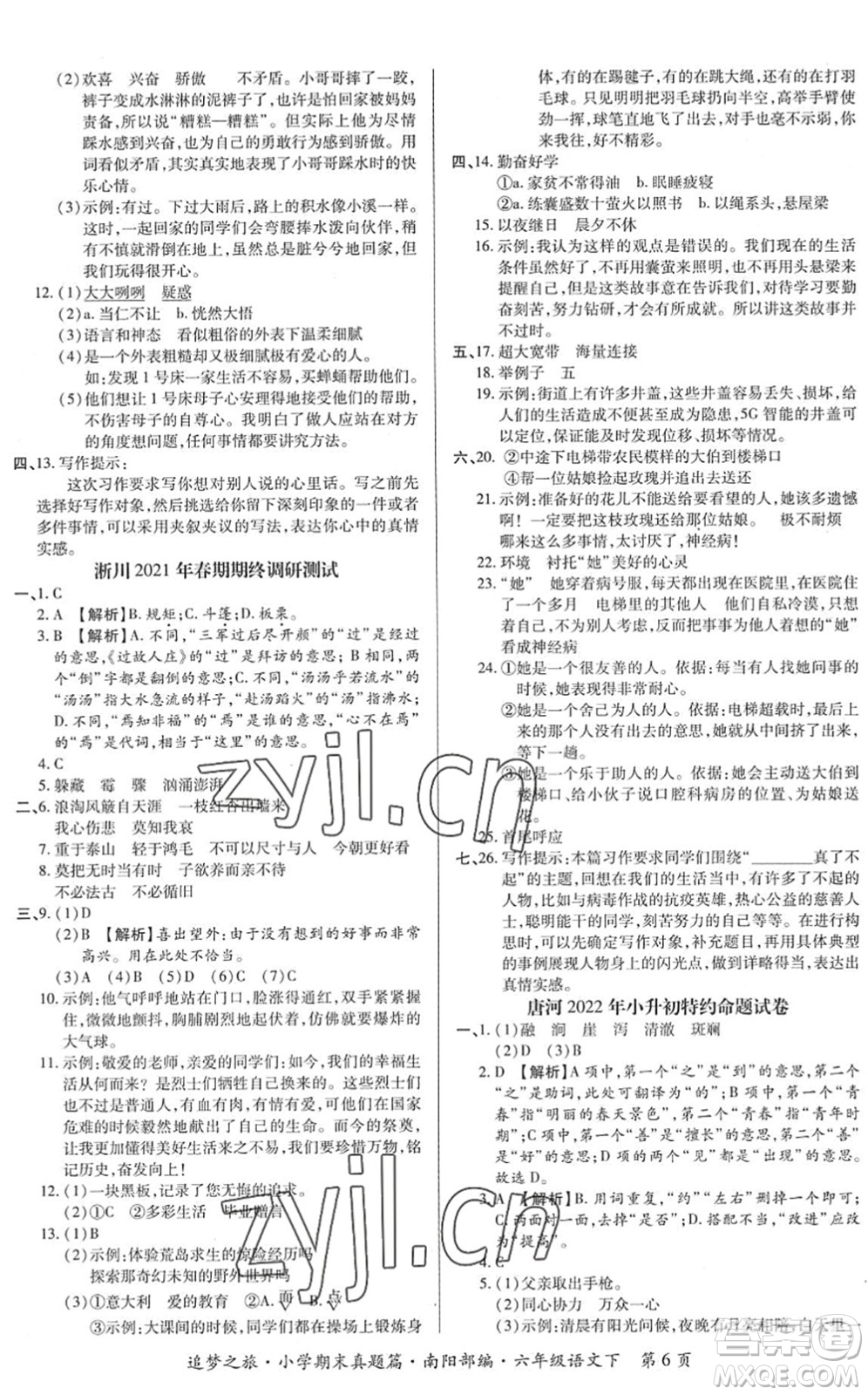 天津科學(xué)技術(shù)出版社2022追夢(mèng)之旅小學(xué)期末真題篇六年級(jí)語文下冊(cè)RJ人教版南陽專版答案