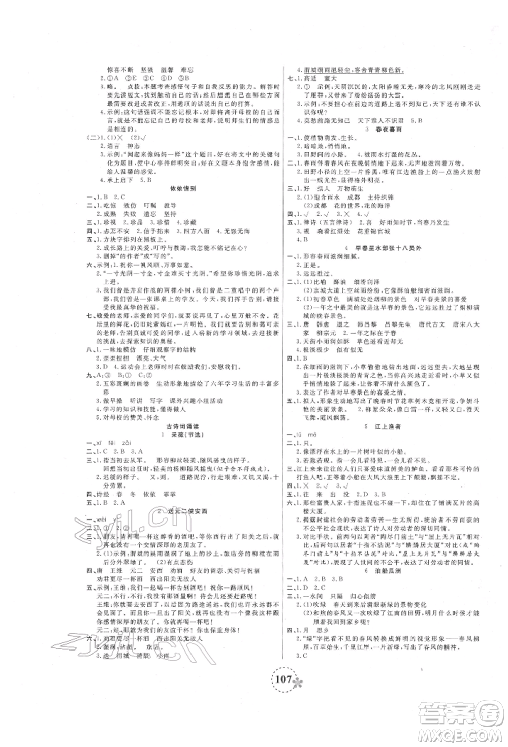 天津科學(xué)技術(shù)出版社2022奪冠新課堂隨堂練測六年級下冊語文人教版參考答案