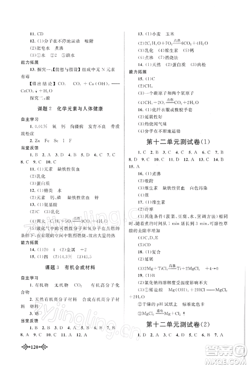 黃山書(shū)社2022自主學(xué)習(xí)當(dāng)堂反饋九年級(jí)下冊(cè)化學(xué)人教版參考答案