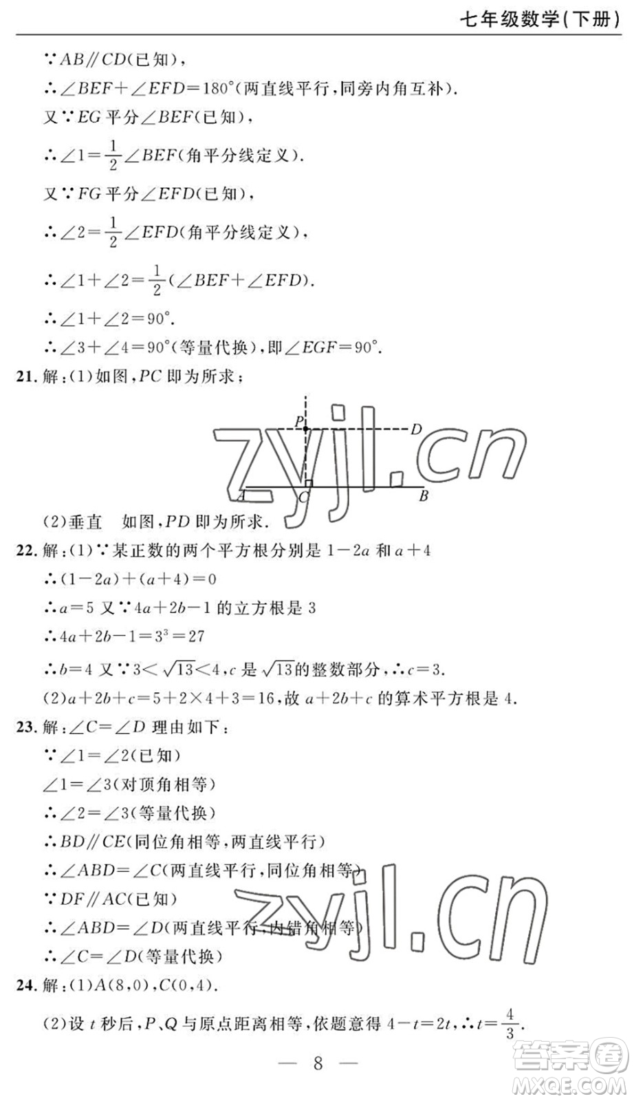長江少年兒童出版社2022智慧課堂自主評價七年級數(shù)學(xué)下冊通用版答案