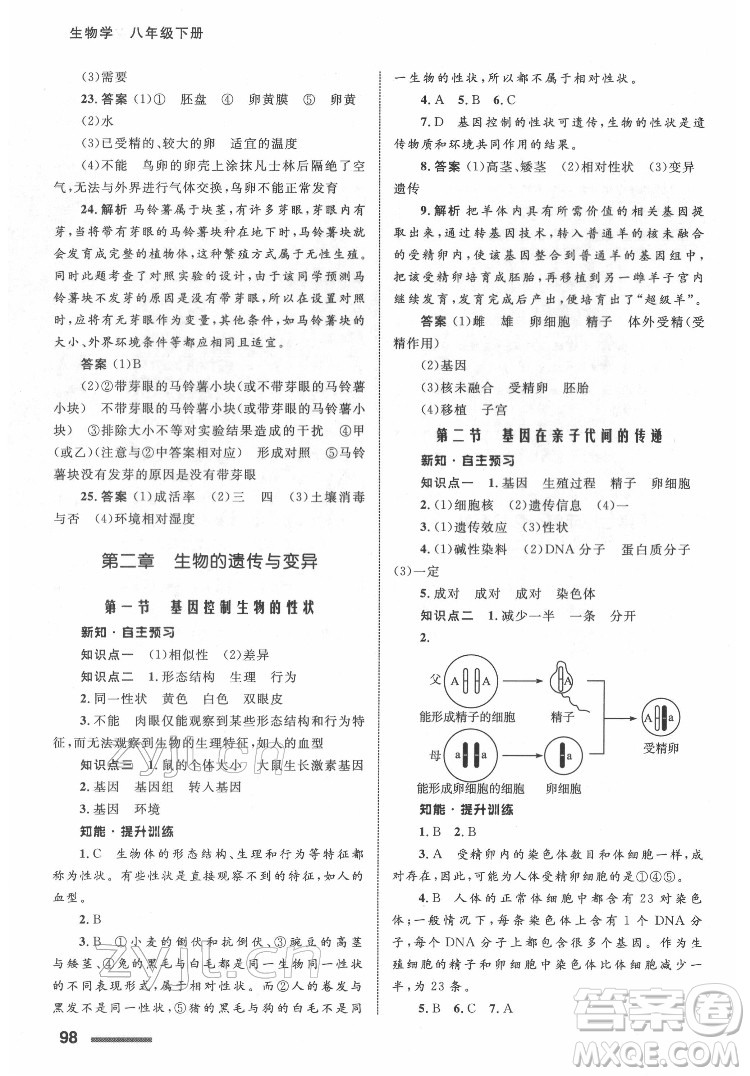 甘肅教育出版社2022生物學(xué)配套綜合練習(xí)八年級下冊人教版答案
