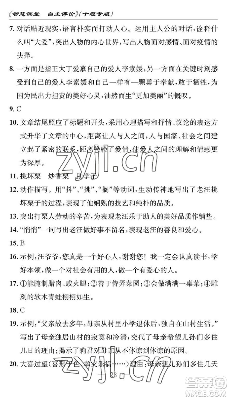 長江少年兒童出版社2022智慧課堂自主評價七年級語文下冊通用版十堰專版答案