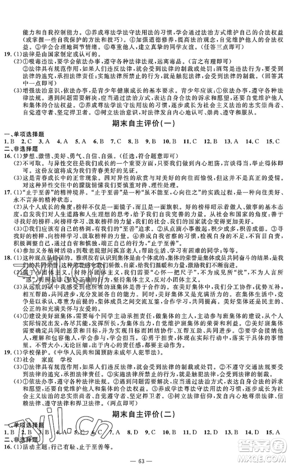 長江少年兒童出版社2022智慧課堂自主評價七年級道德與法治下冊通用版答案