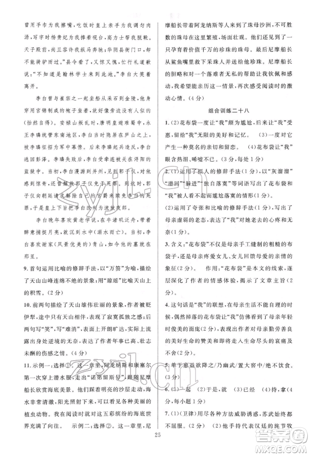 華東師范大學出版社2022全優(yōu)方案組合訓練七年級下冊語文閱讀篇人教版參考答案