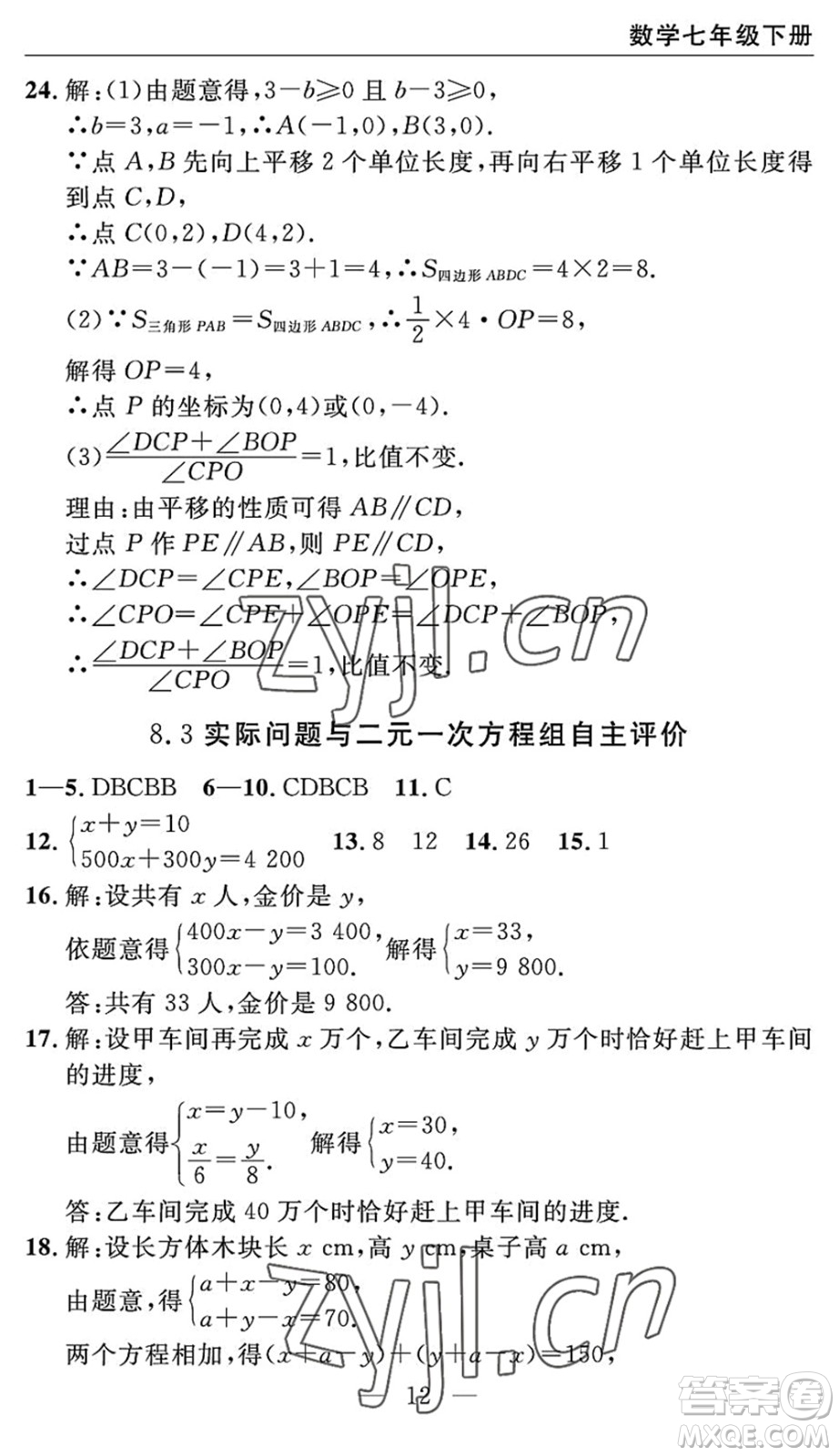 長(zhǎng)江少年兒童出版社2022智慧課堂自主評(píng)價(jià)七年級(jí)數(shù)學(xué)下冊(cè)通用版宜昌專版答案