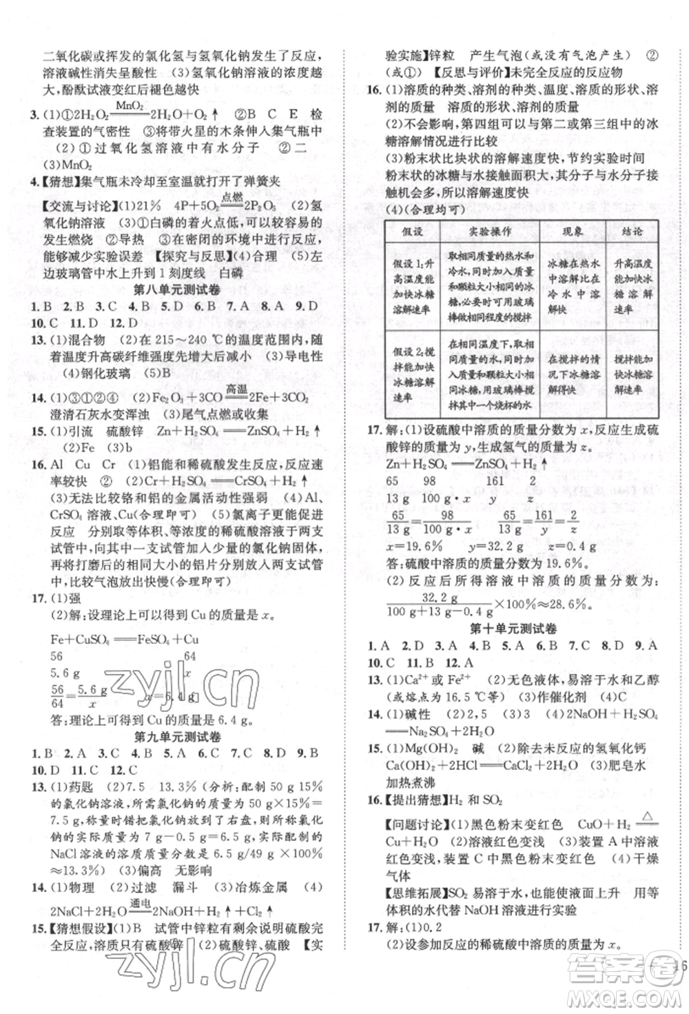 團結(jié)出版社2022體驗型學案九年級下冊化學通用版參考答案