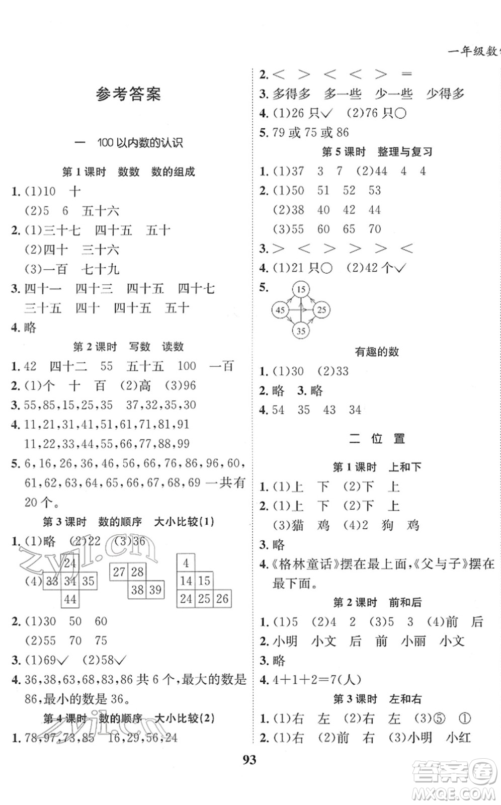 吉林教育出版社2022全優(yōu)學(xué)習(xí)達(dá)標(biāo)訓(xùn)練一年級數(shù)學(xué)下冊XS西師版答案
