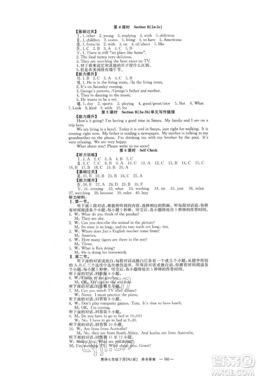 湖南教育出版社2022全效學(xué)習(xí)同步學(xué)練測七年級(jí)下冊(cè)英語人教版參考答案