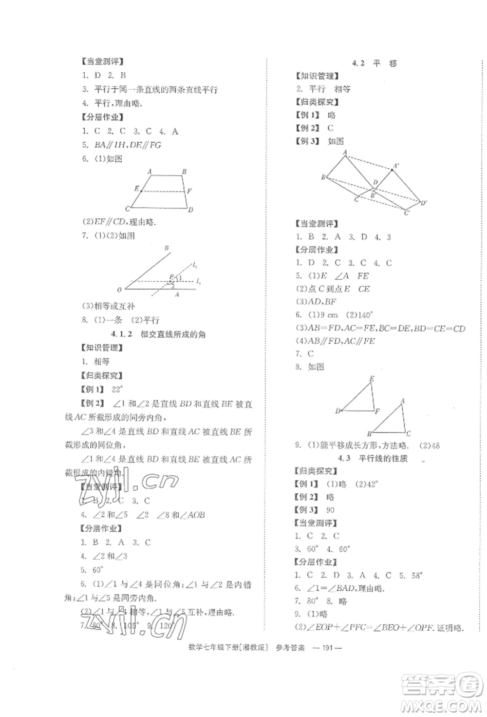 湖南教育出版社2022全效學習同步學練測七年級下冊數(shù)學湘教版參考答案