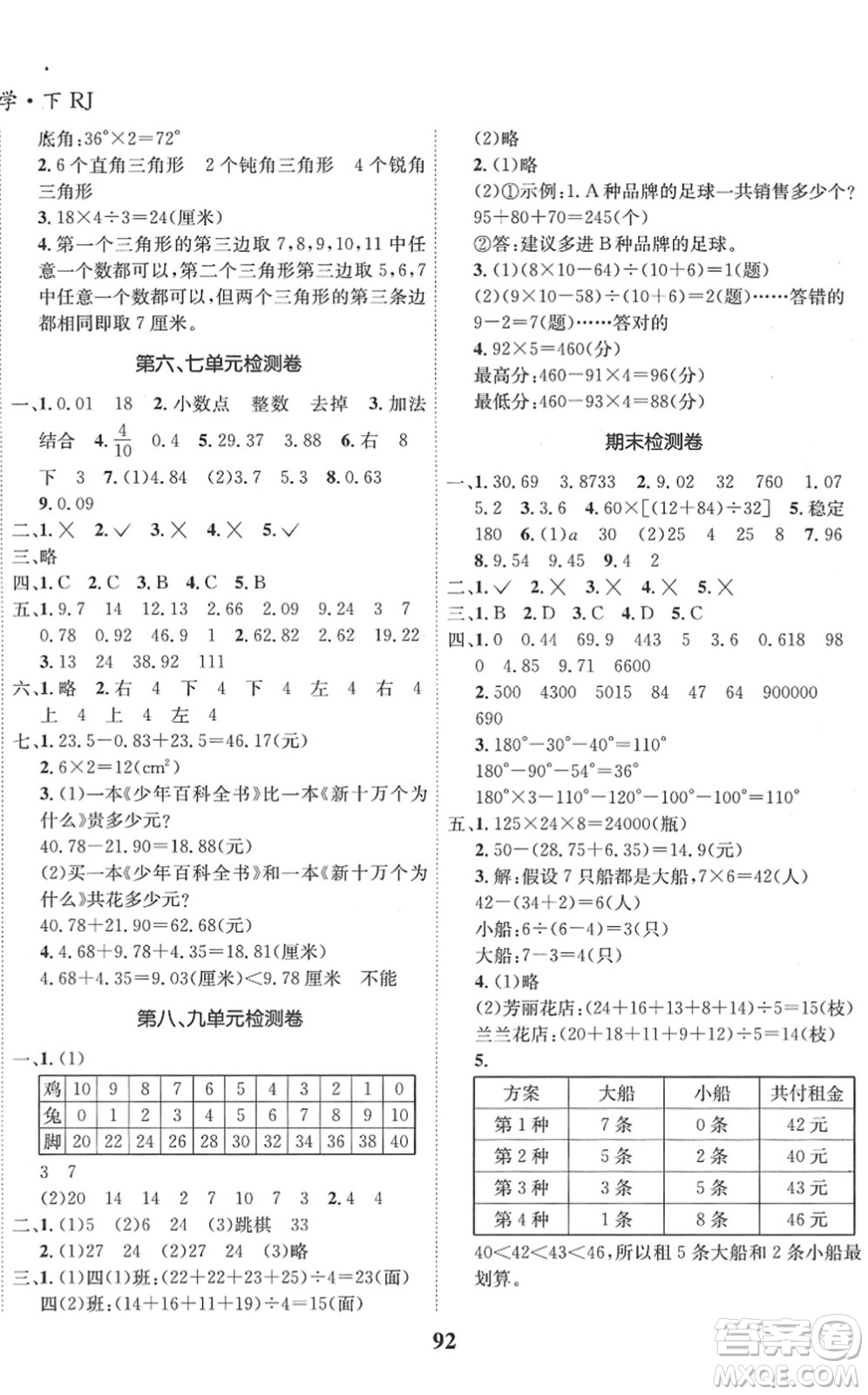 吉林教育出版社2022全優(yōu)學(xué)習(xí)達(dá)標(biāo)訓(xùn)練四年級(jí)數(shù)學(xué)下冊(cè)RJ人教版答案