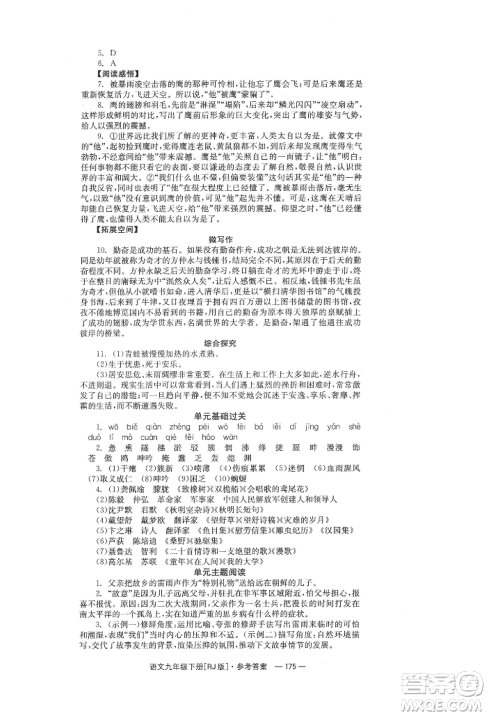 湖南教育出版社2022全效學(xué)習(xí)同步學(xué)練測(cè)九年級(jí)下冊(cè)語文人教版參考答案